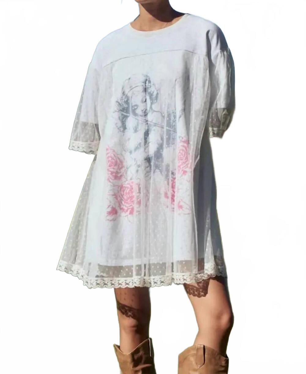NEW DAVI & DANI women's angel printed terry dotted mesh layered dress in white